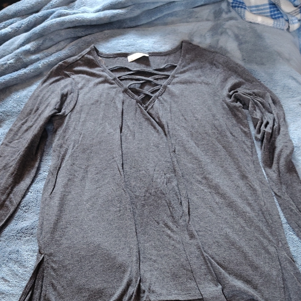 Gray Women's Top with Crisscross Detail